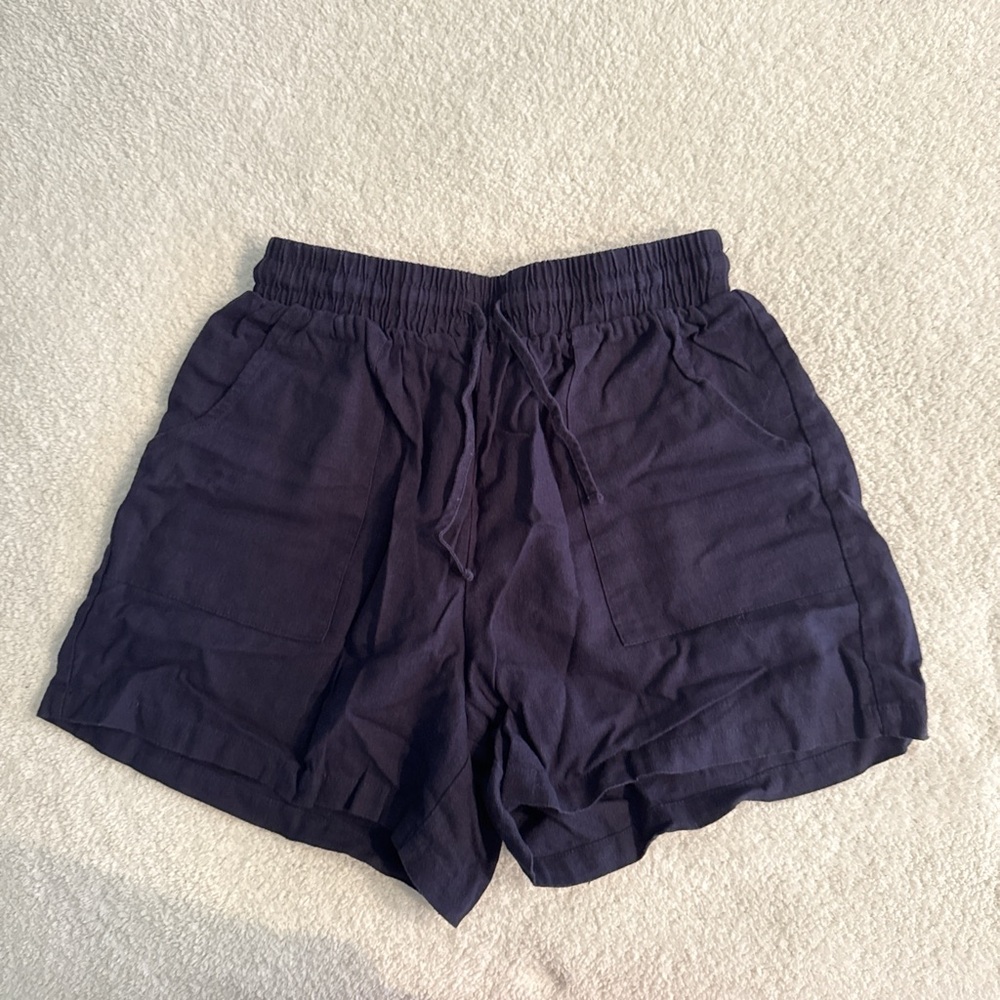 Nicole Miller Navy Blue Drawstring Linen Blend Shorts